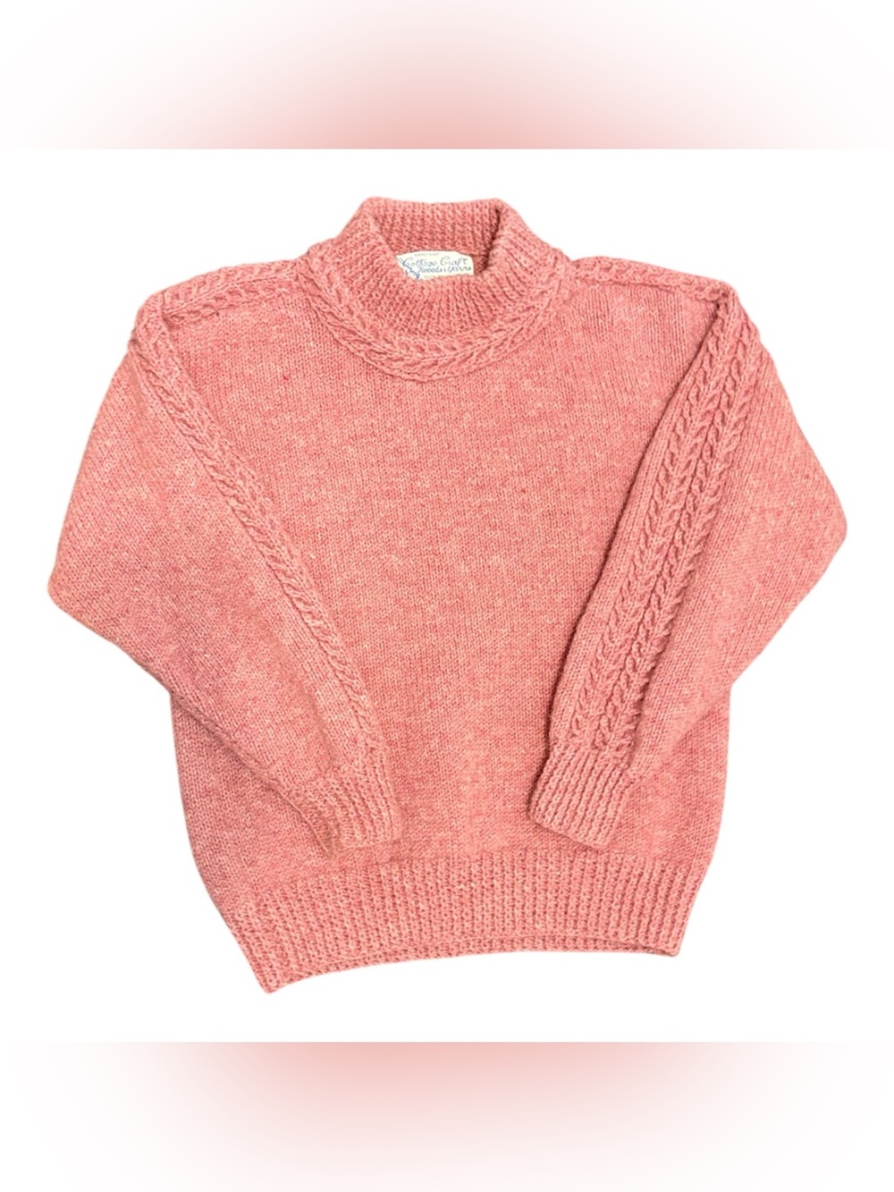 Vintage Cottage Craft Hand Knit 100% Wool Pink Cable Knit Turtleneck Sweater